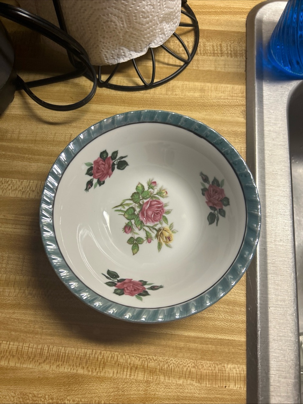 Porcelain Rose Pattern Serving Bowl with Teal Rim